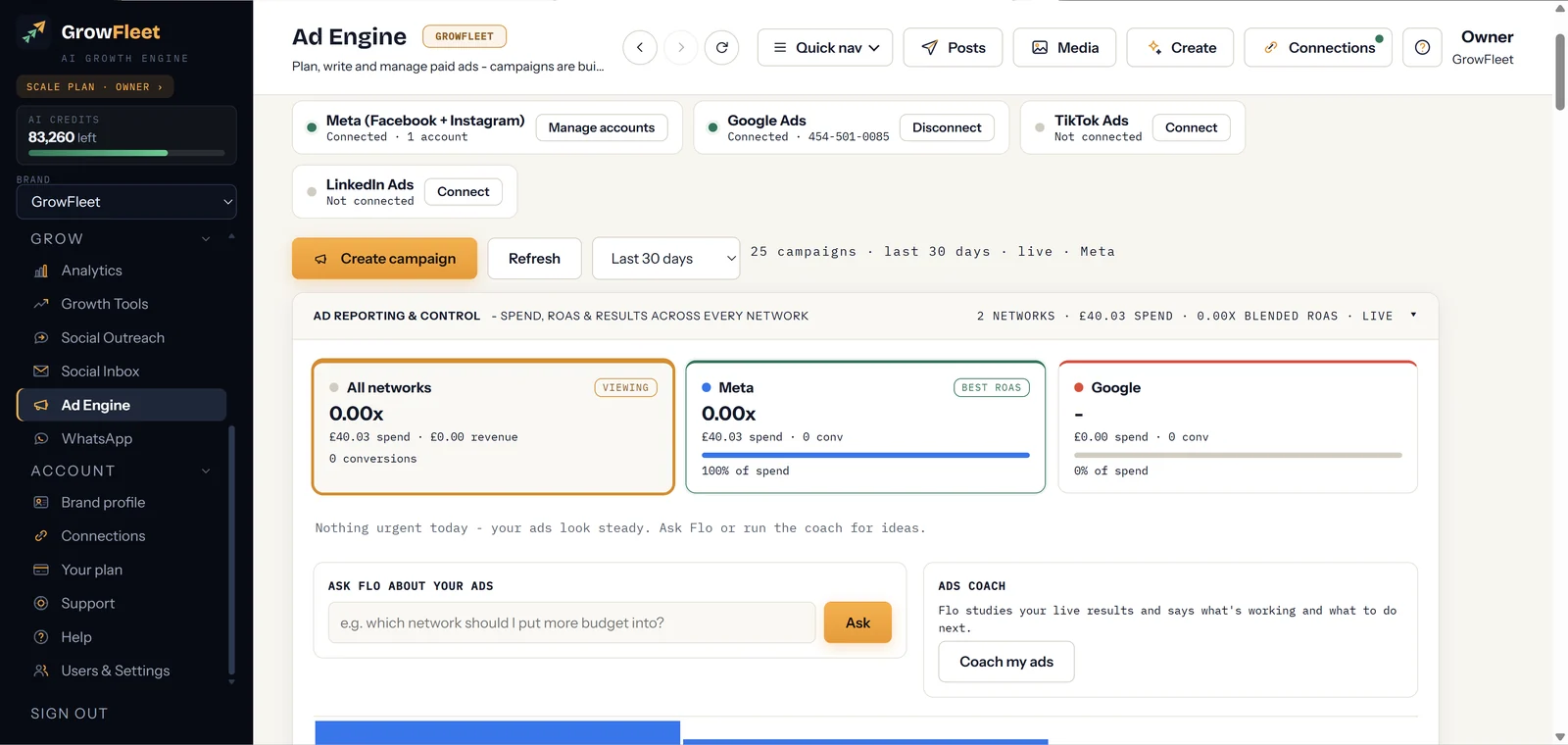 Ad Engine: spend and ROAS across Meta, Google, TikTok and LinkedIn, every campaign paused until you approve