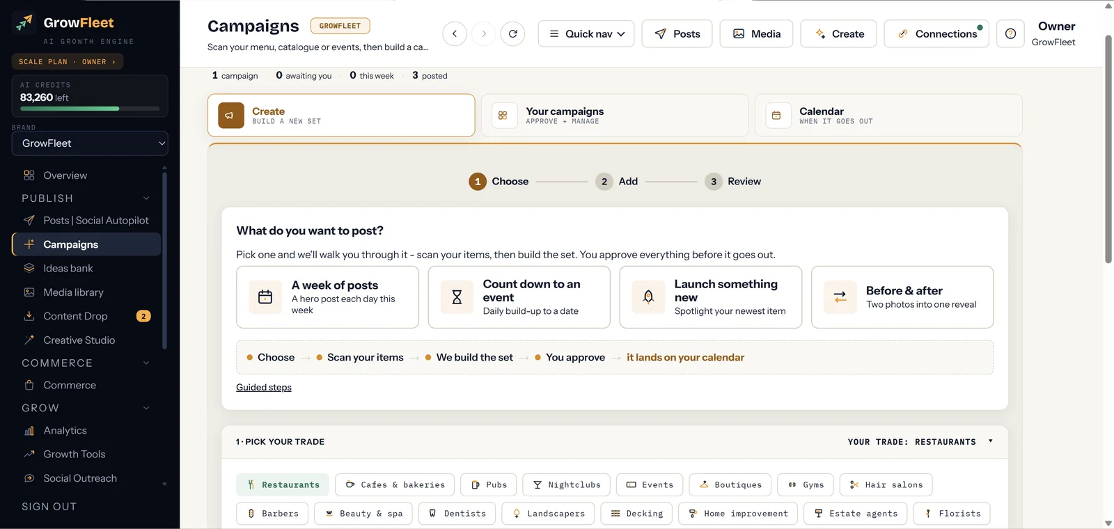 Campaigns: pick a recipe, scan your real items, and approve the whole themed set in one go