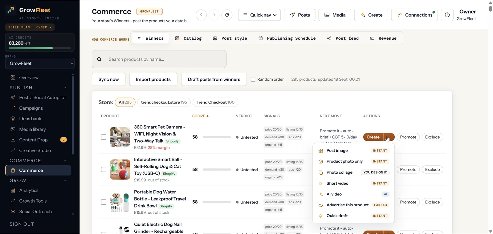 Commerce: your products ranked by what actually sells, each a tap from a post or ad