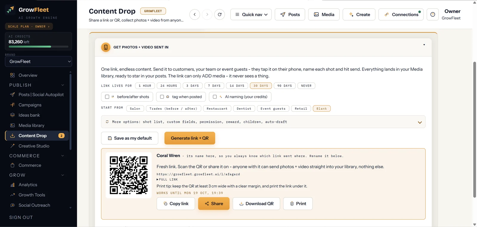 Content Drop: generate a private link and QR code that collects photos and video into your library