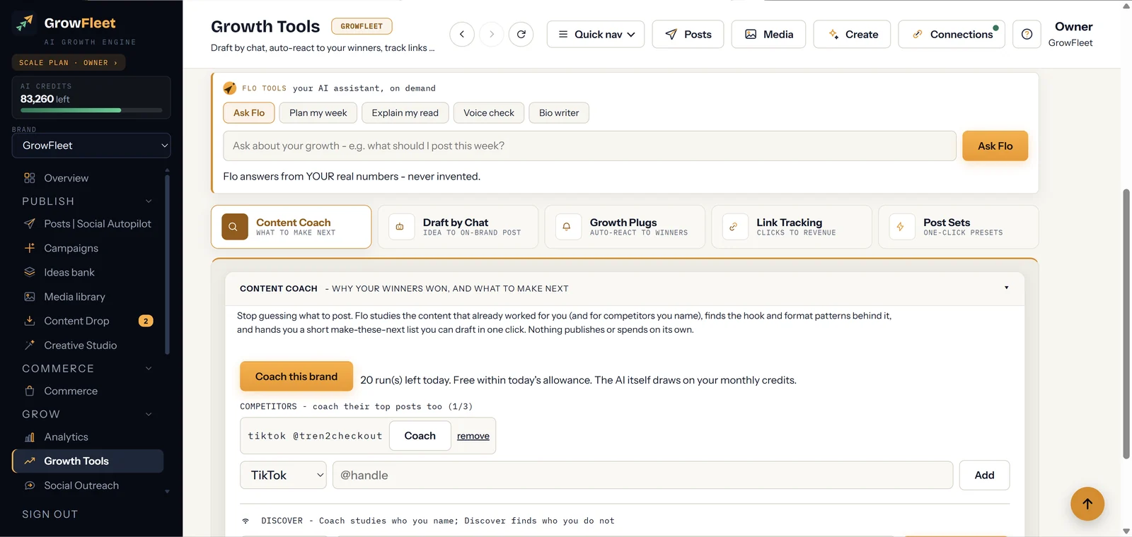 Flo's Growth Tools: ask Flo, and the Content Coach turns your winners into a make-these-next list