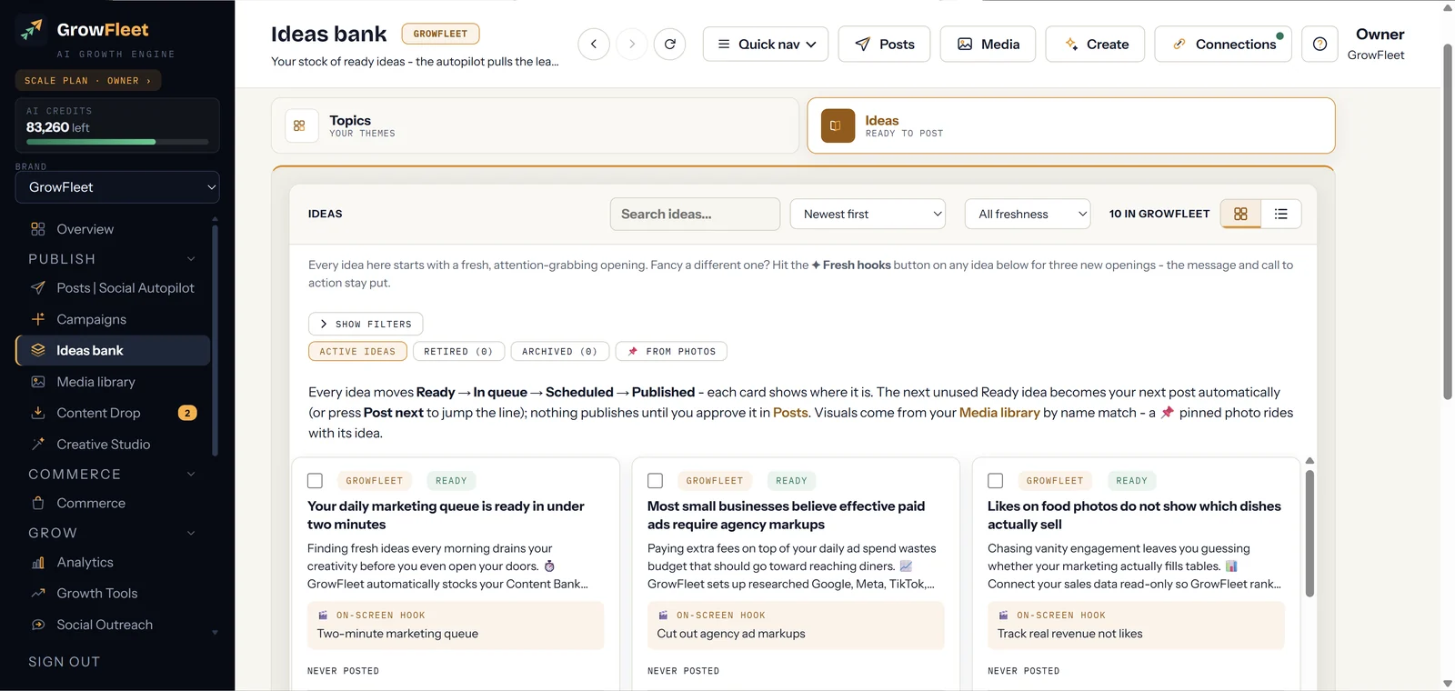 The Ideas Bank stocked with ready-to-post ideas, each built on a proven hook