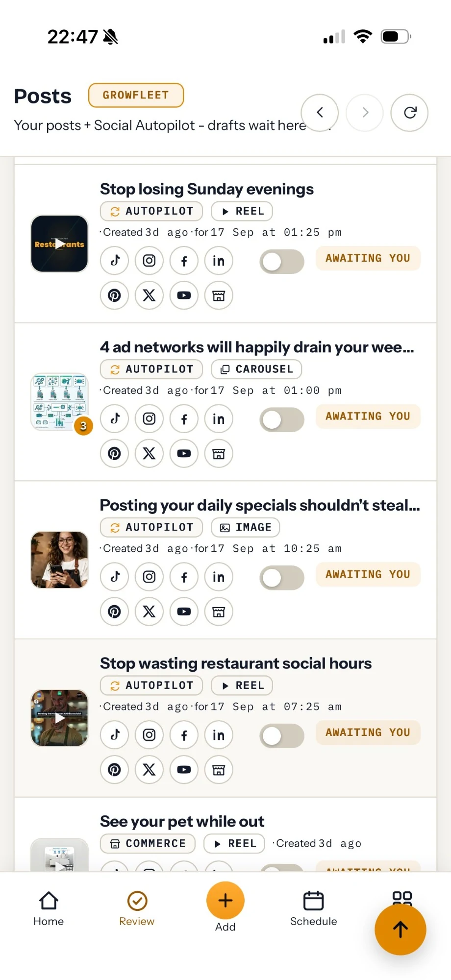 The Posts approval queue on a phone: approve the day's content in two minutes