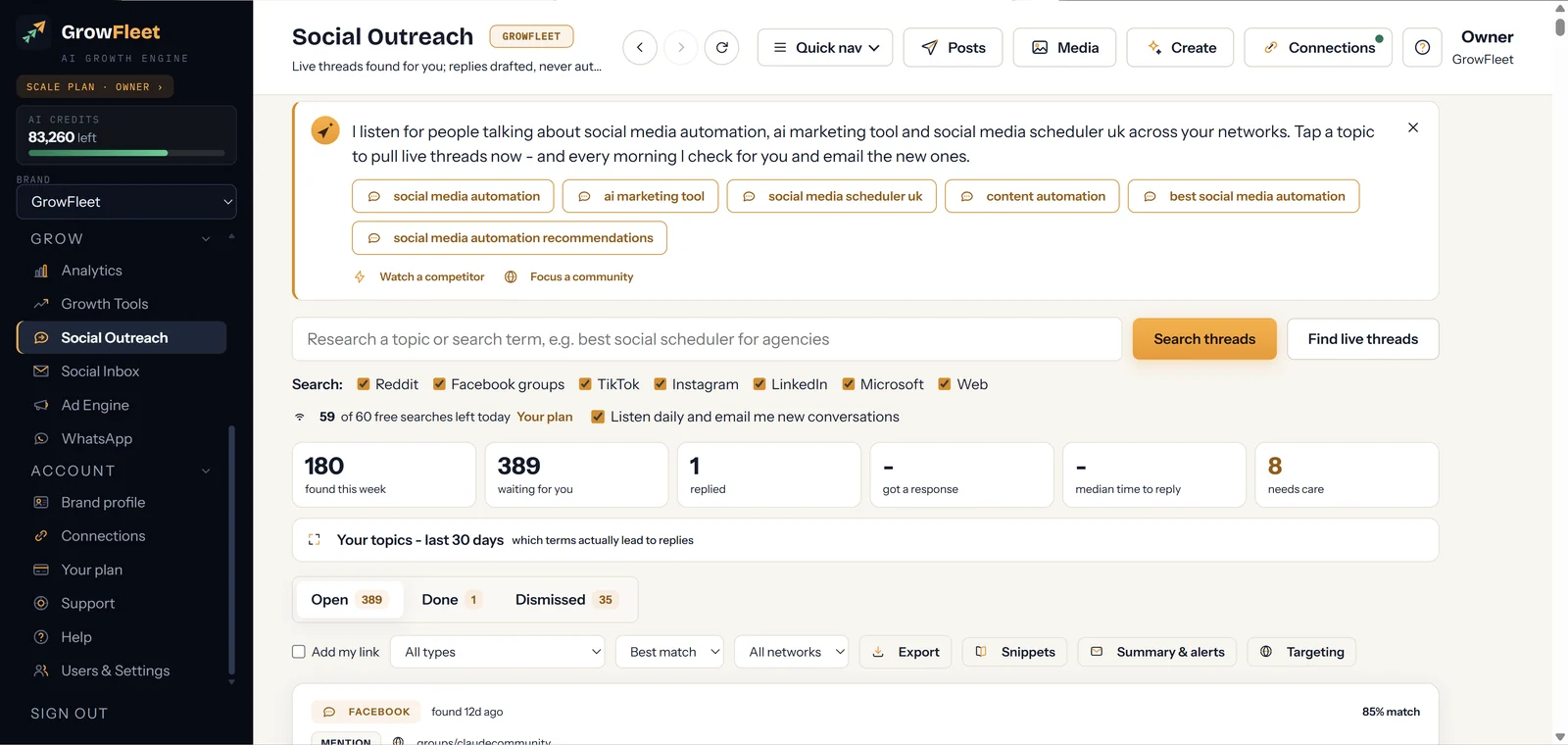 Social Outreach: live threads found for you, each scored, with a reply drafted for you to post yourself