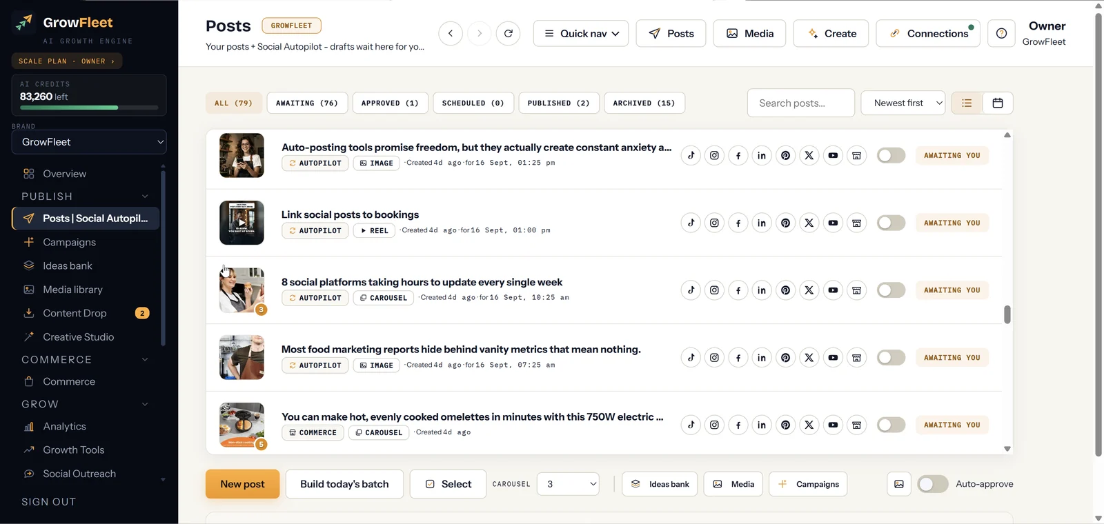The Posts approval queue: every draft waits for a one-tap approval across 8 networks