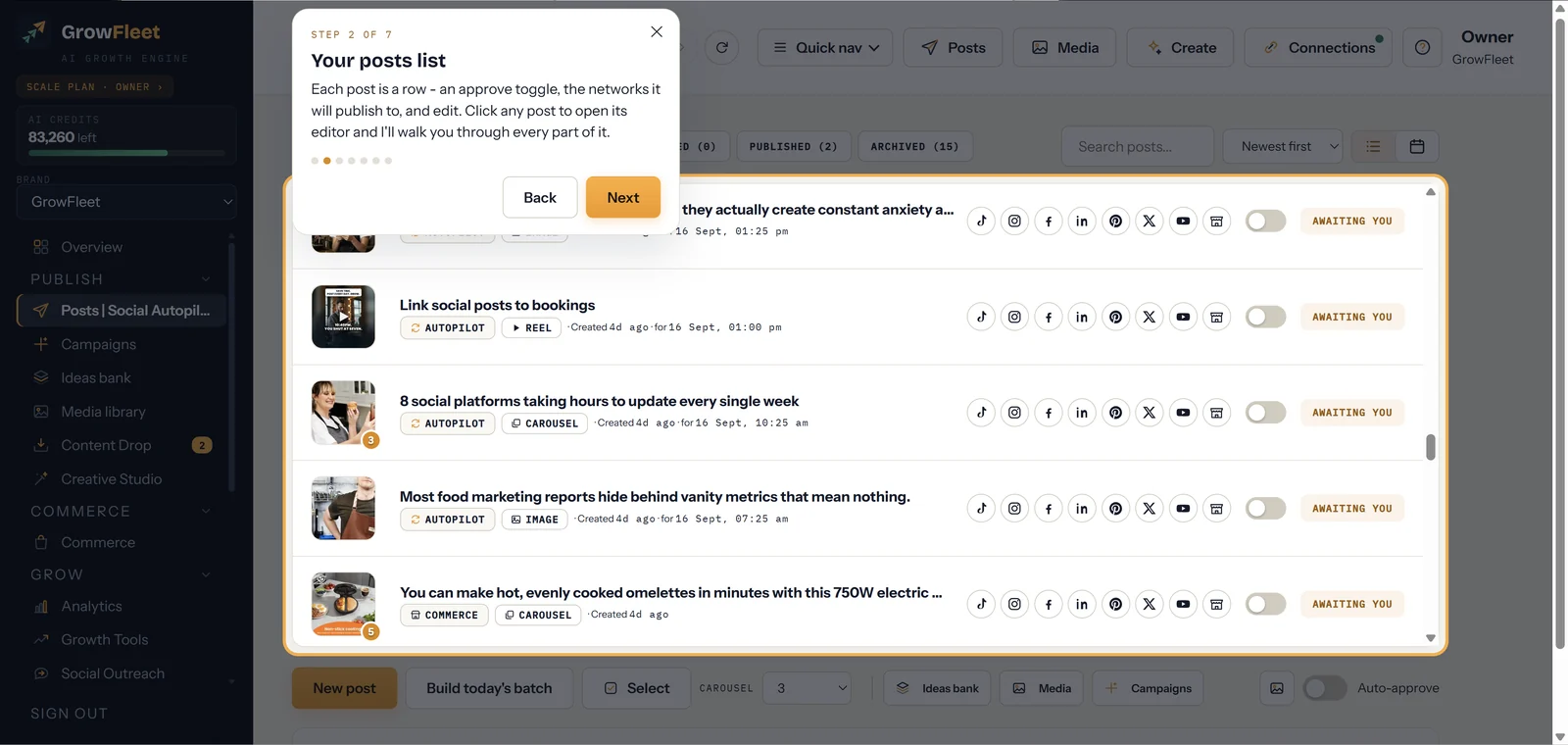 A step-by-step guide overlay walking you through the Posts screen