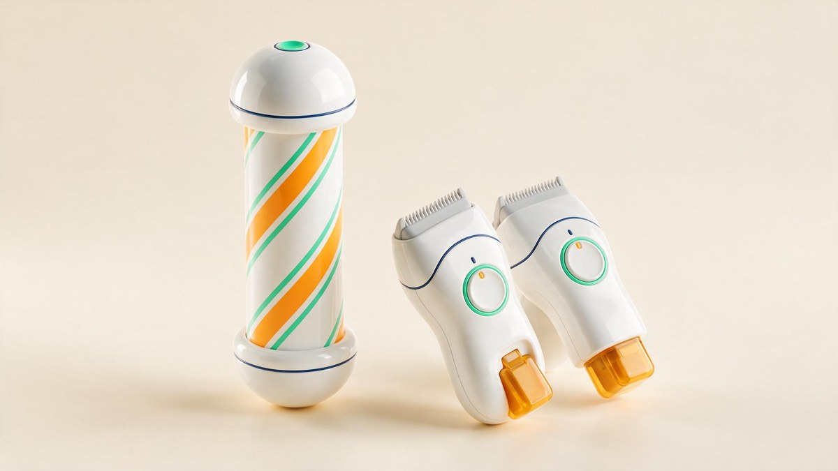 A soft-3D barber pole with amber and mint stripes beside hair clippers on a warm cream surface