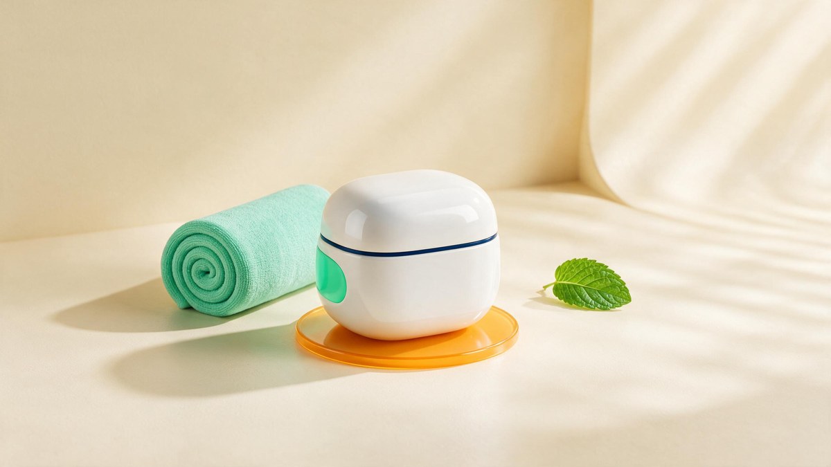 A soft-3D skincare cream jar, rolled towel and mint leaf on a warm cream surface