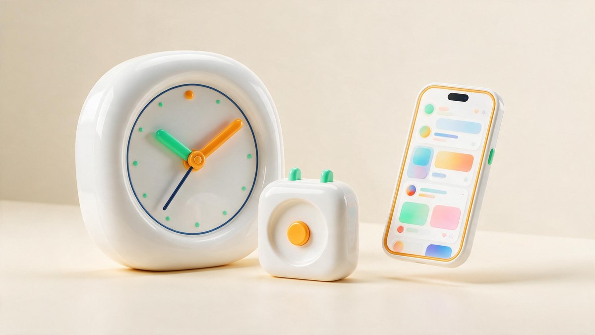 A soft-3D glossy clock with green and amber hands beside a small alarm clock and a phone showing a social feed