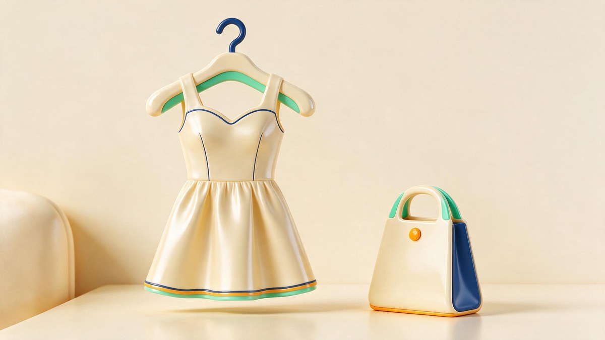 A soft-3D dress on a hanger beside a shopping bag on a warm cream surface