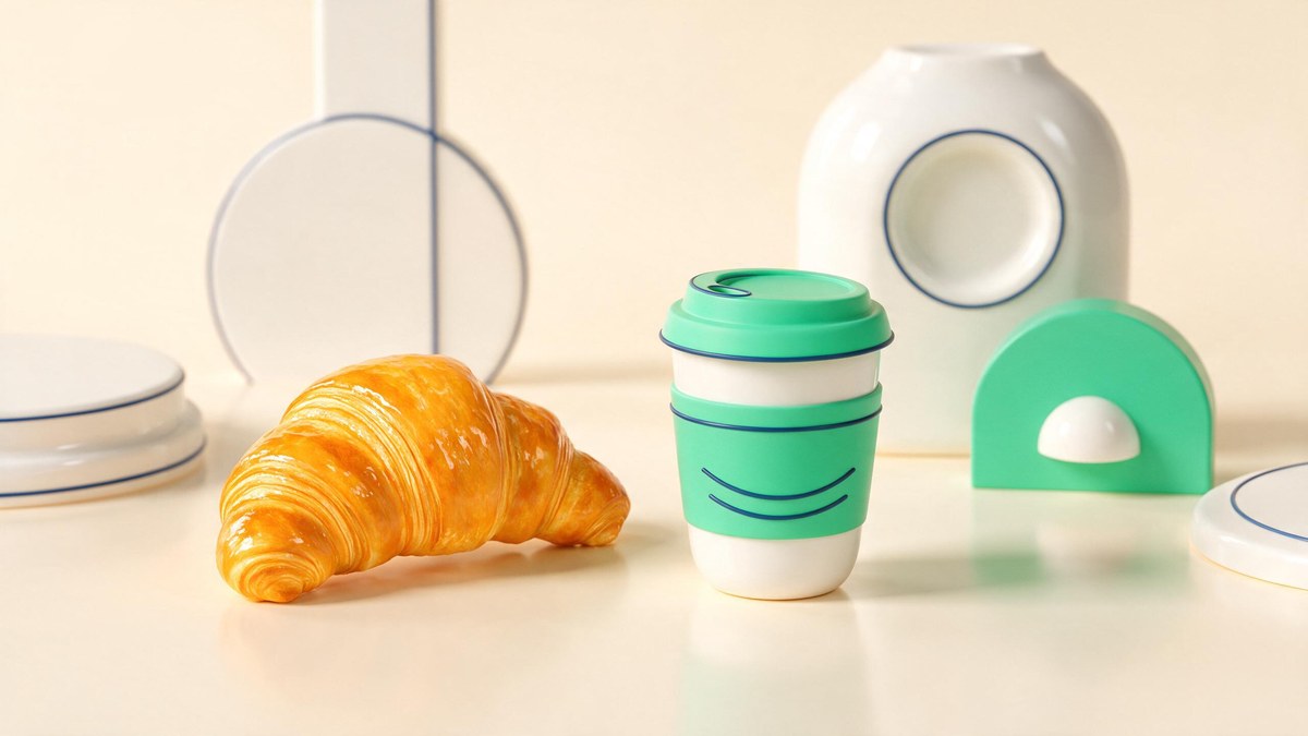 A soft-3D croissant and takeaway coffee cup on a warm cream surface