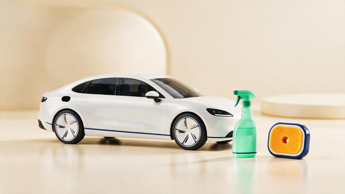A soft-3D shiny car with a spray bottle and sponge on a warm cream surface
