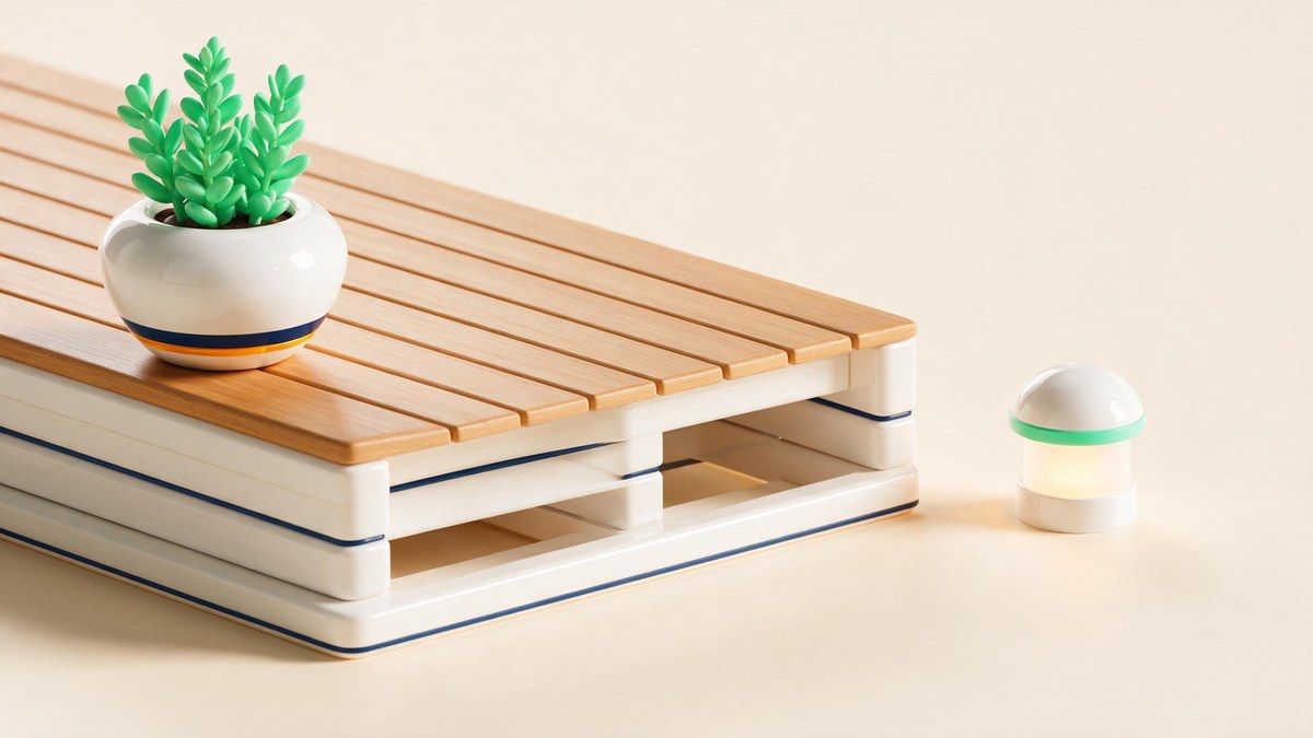 A soft-3D raised timber deck with a potted plant and a deck light on a warm cream surface