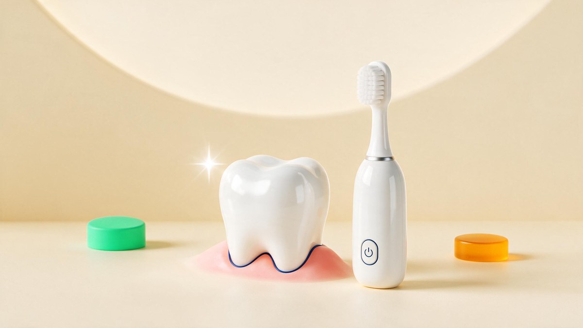 A soft-3D tooth and electric toothbrush on a warm cream surface