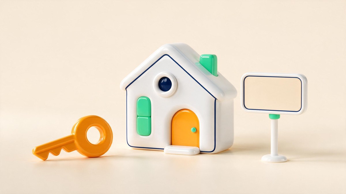 A soft-3D house with a key and a blank For Sale board on a warm cream surface