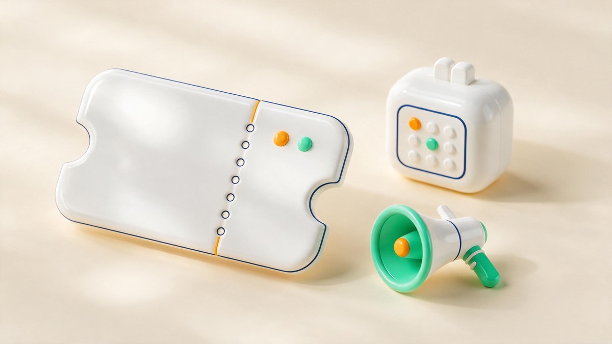 A soft-3D event ticket, calendar block and megaphone on a warm cream surface