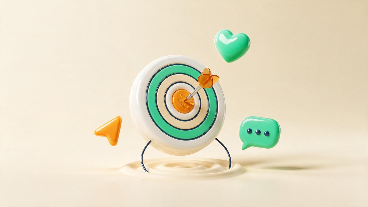 A soft-3D glossy target with an amber dart in the bullseye and floating heart, cursor and chat icons