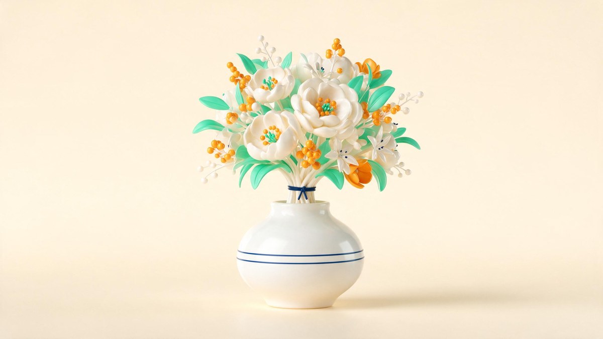 A soft-3D flower bouquet in a navy-striped vase on a warm cream surface