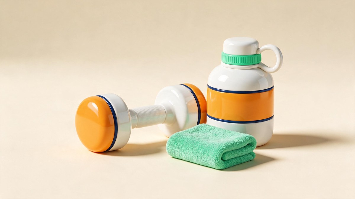 A soft-3D dumbbell, water bottle and towel on a warm cream surface