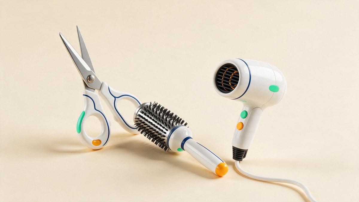 A soft-3D pair of scissors, round brush and hairdryer on a warm cream surface