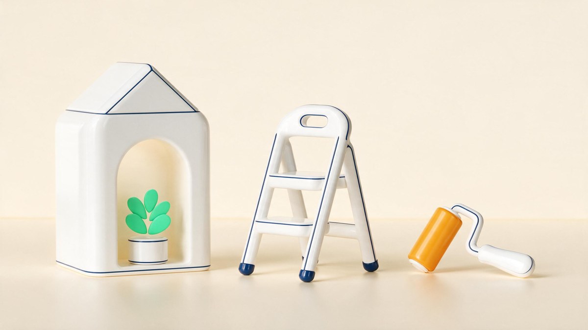 A soft-3D house with a step ladder and paint roller on a warm cream surface