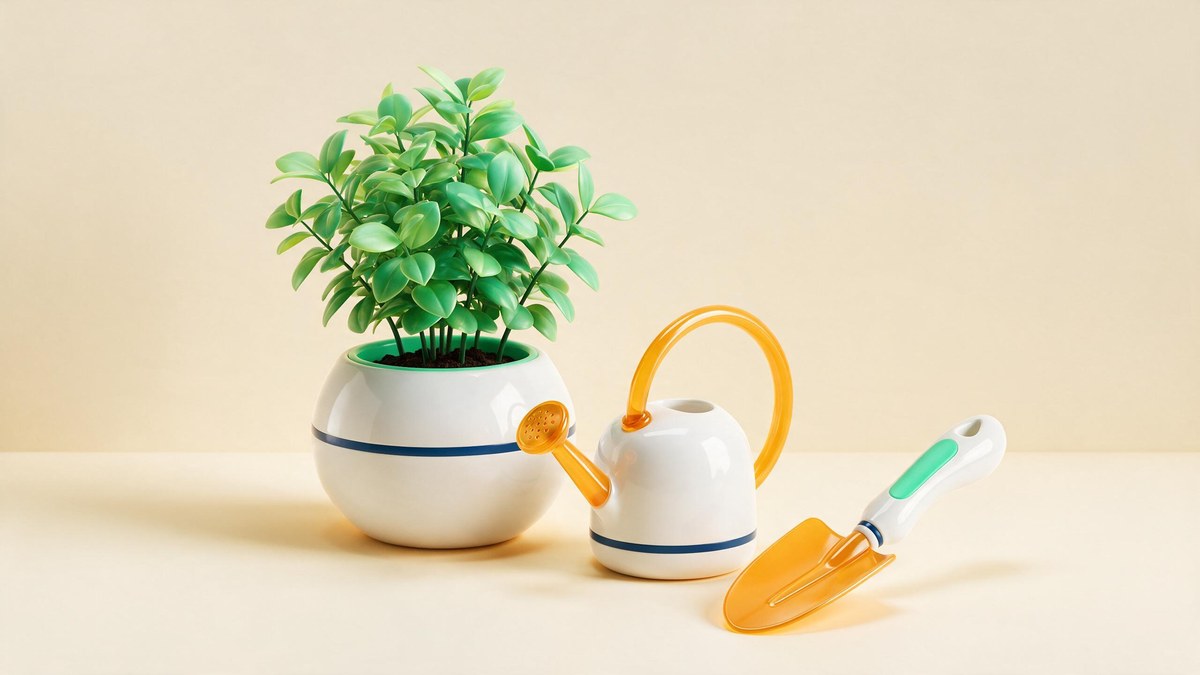 A soft-3D potted shrub with a watering can and trowel on a warm cream surface