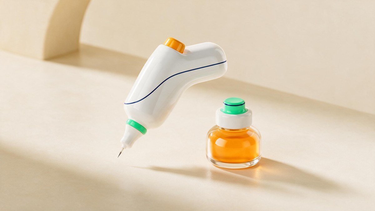A soft-3D tattoo machine beside an ink bottle on a warm cream surface